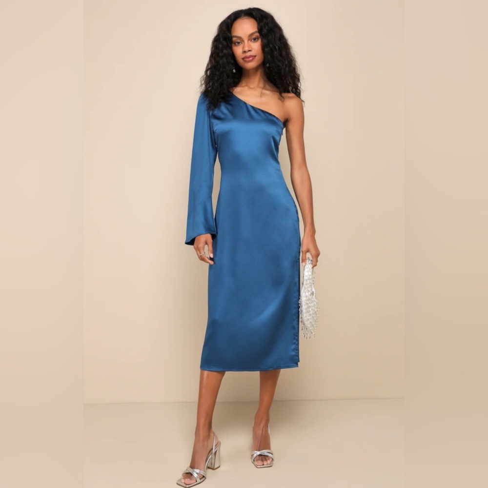 Lulu's 'Positively Excellent' Satin One-Shoulder Midi Dress Blue sz L